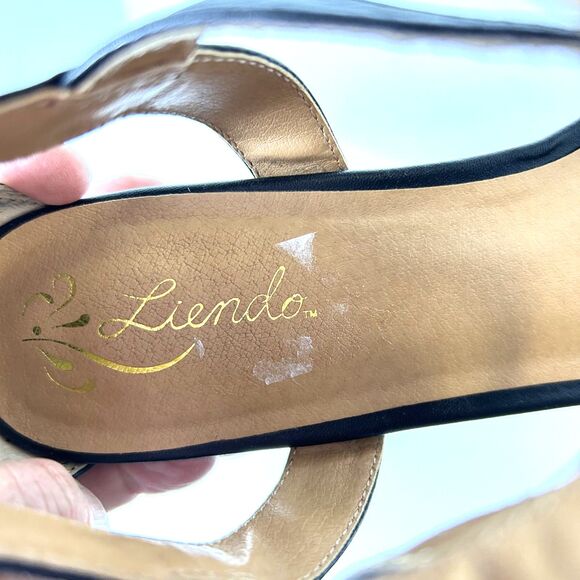 Liendo Anthropologie Black Leather Buckle Ankle Strap Low Wedge Sandals Size 9.5 - Picture 5 of 10